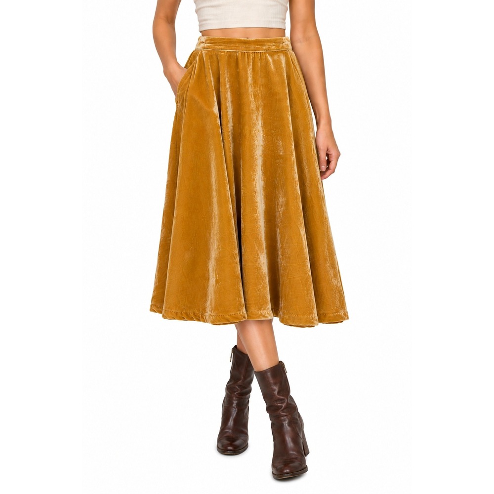 ModCloth Crushed Velvet Midi Skirt Size 10 Mustard Gold A-Line Pockets